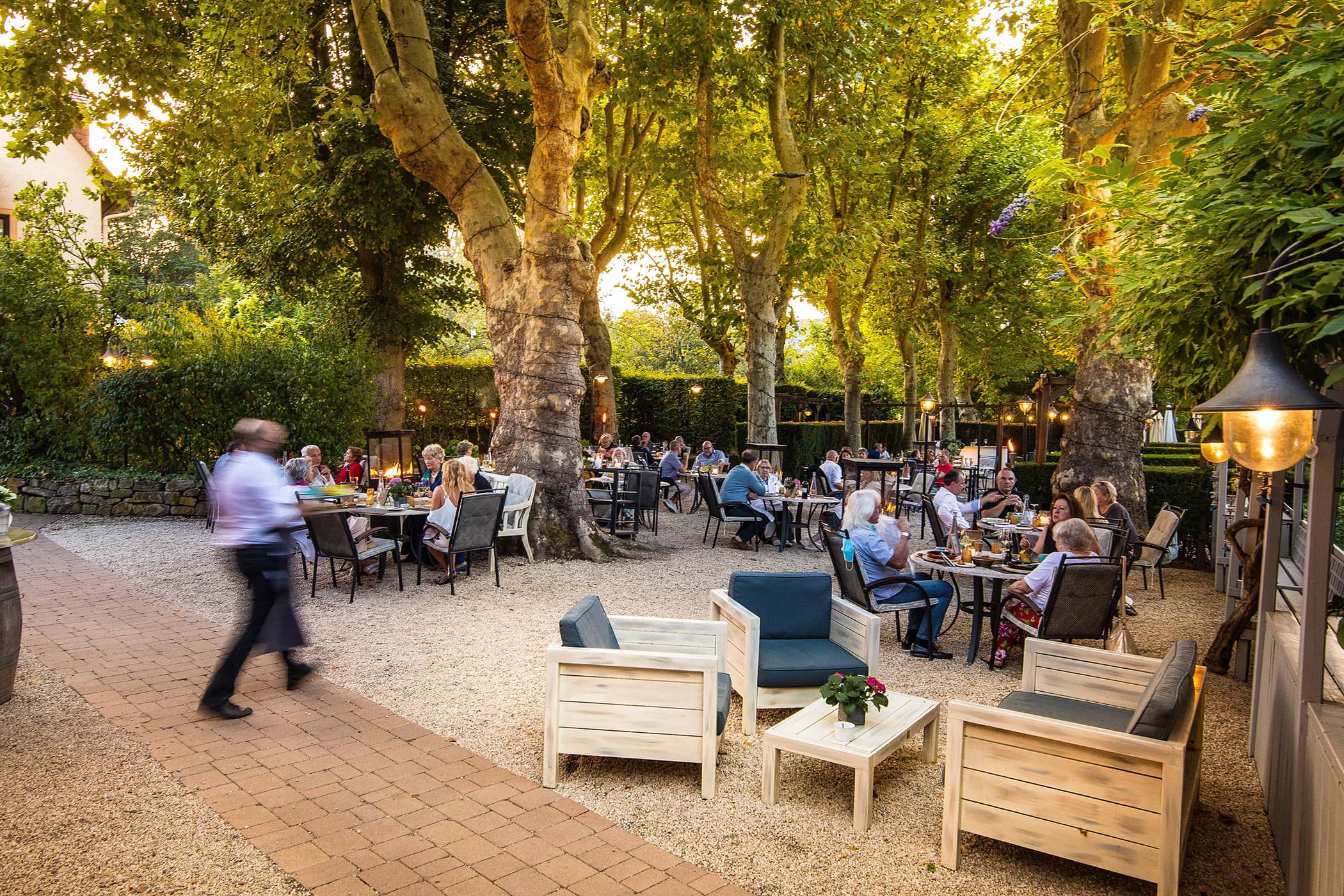 Gartenterrasse unter den Platanen im Abendlicht